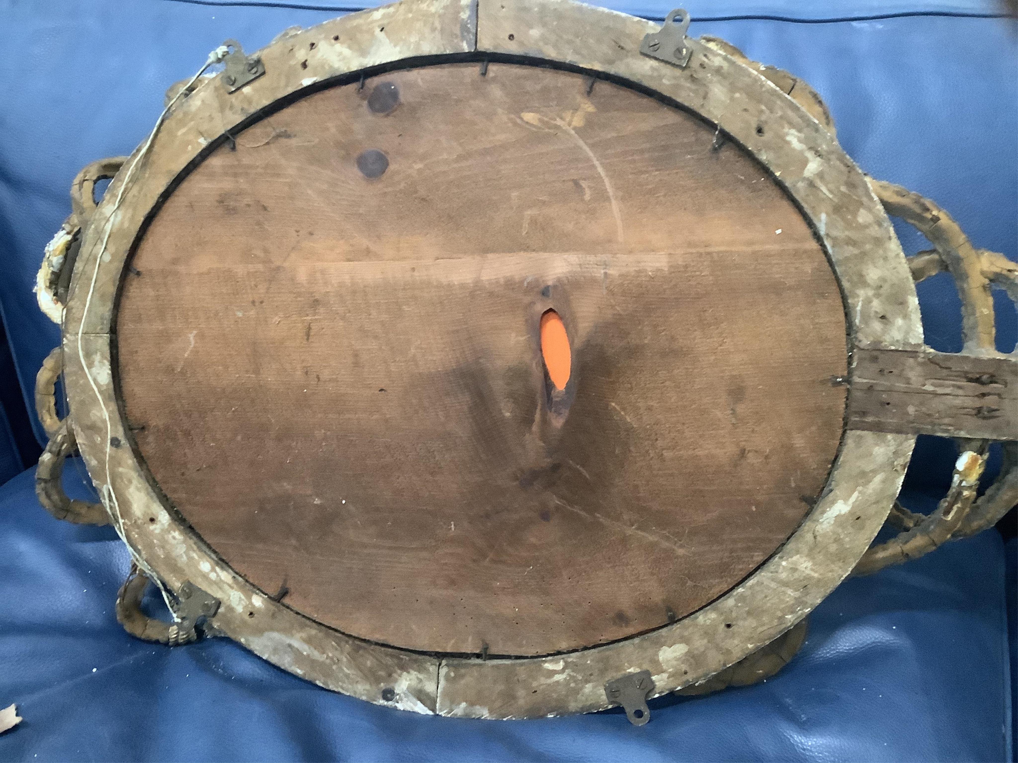A Regency circular giltwood convex wall mirror with lion pediment, diameter 65cm a Regency convex mirror frame and Victorian girandole. Condition - poor